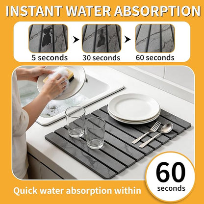 Stone Dish Drying Mat for Kitchen Counter, 24"×16" Quick Dry Stone Dishes Mat, Foldable Water Absorbing Diatomaceous Earth Drying Mats with Non-Slip Heat-Resistant Base for Dishes Utensils(Dark Gray) - Image 2
