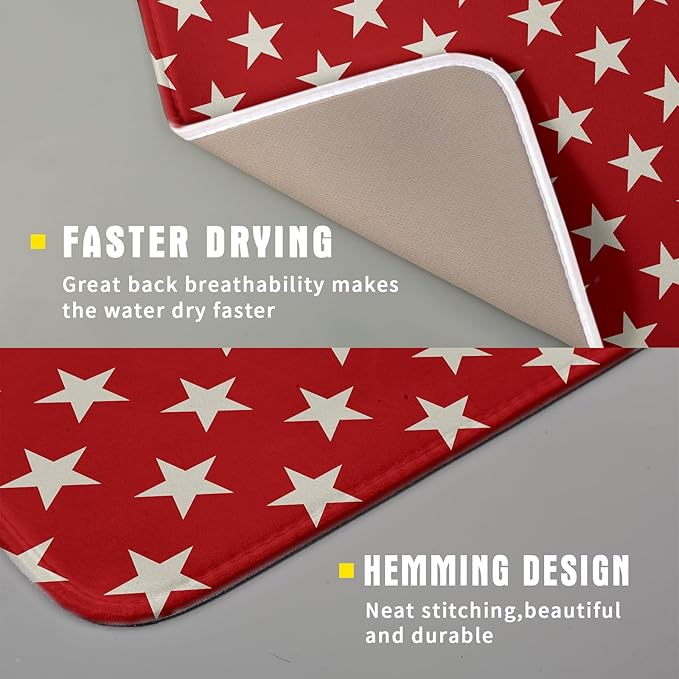 Patriotic July of 4th Red Star Dish Drying Mat for Kitchen Counter 16x18 Memorial Independence Day Absorbent Reversible Microfiber Drying Mats Kitchen Countertop Protector Dishes Drainer Rack Pad - Image 3