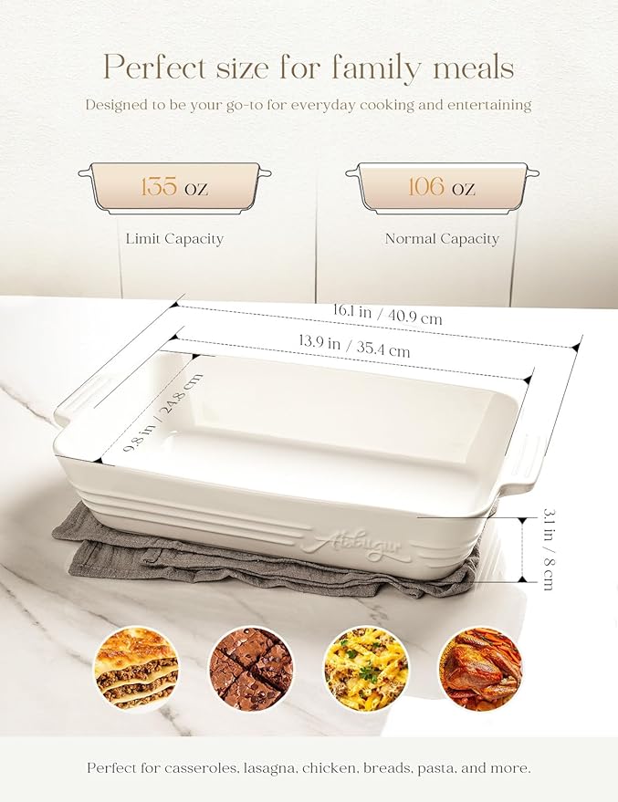 Casserole Dishes for Oven,9x13 Ceramic Baking Dish,4.2 Quarts Large Lasagna Pan with Handles Deep and Large Capacity,Durable Bakeware for Lasagna, Home Decor, Wedding Gift, White - Image 3