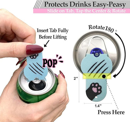 Soda Can Tab Opener Mini Soda Can Cover Easy Tab Opener and Drink Protector Cute Beverage Barricade Soda Protector for Beer,Coke,Aluminum Cans at Party,BBQ, Beach(Cat Paw Blue&Red)