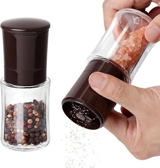 Vzaahu Salt and Pepper Grinder Set Brown, Refillable Small Shakers, Adjustable Coarseness, Ceramic Burr, Peppermill, Kitchen Cooking by vzaahu