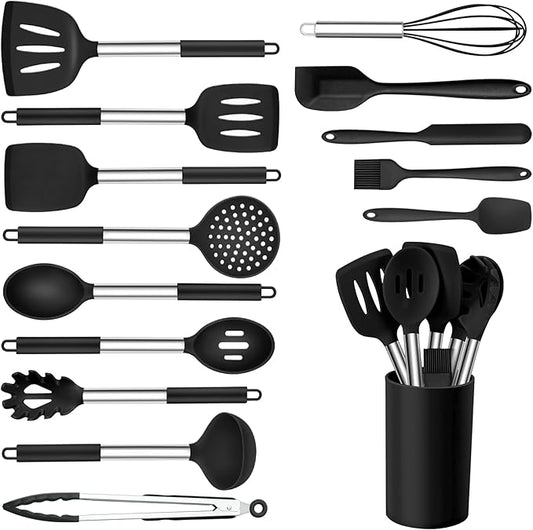 Onader Kitchen Utensils Set, 15 Pcs Silicone Cooking Utensils Set with Holder and Heat Resistant Stainless Steel Handle for Nonstick Cookware - Black by Onader