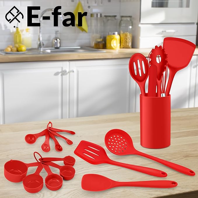 E-far Silicone Cooking Utensils Set, 24Pcs Heat Resistant Kitchen Utensil with Holder, Silicone Kitchen Tools with Spatula Turner Spoon Tongs Whisk, Non-Toxic & Dishwasher Safe (Red) - Image 7