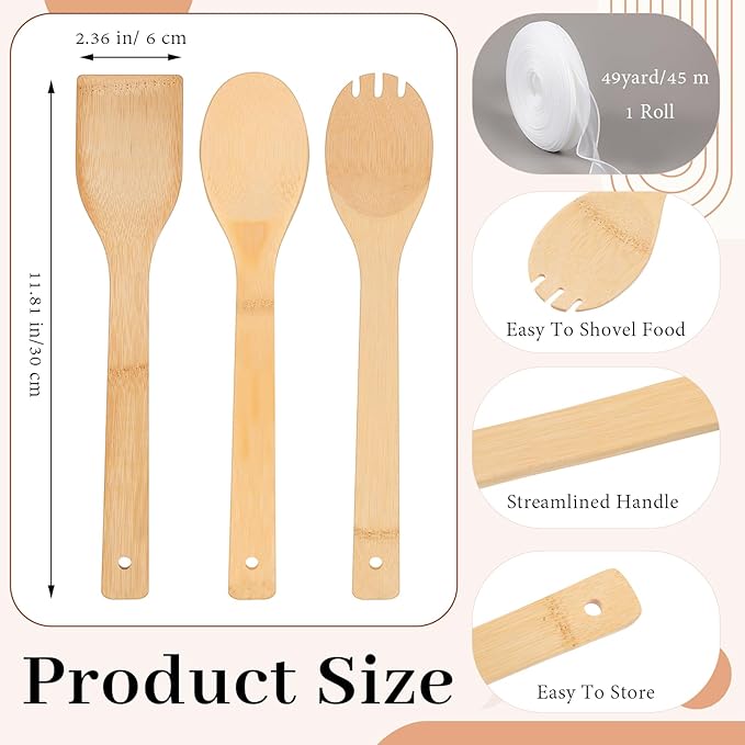 Reallnaive 72 Pcs Bamboo Spatula Wooden Kitchen Utensil Bulk 12''wood Spoon Spatula for Cooking with Ribbon Bridal Baby Shower Game Prize Wedding Party Favors Housewarming Gift (Various Style)