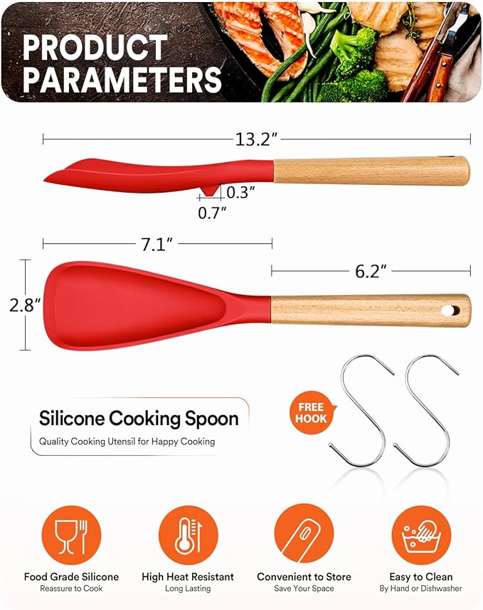 Cooking Spoon for Nonstick Cookwares, Great for Cooking and Serving Sturdy BPA-Free Matte Silicone, Wood Handle Spoon for Mixing, Scoop, and Scrape (2 Pack of Red, 13.4 inch) - Image 2