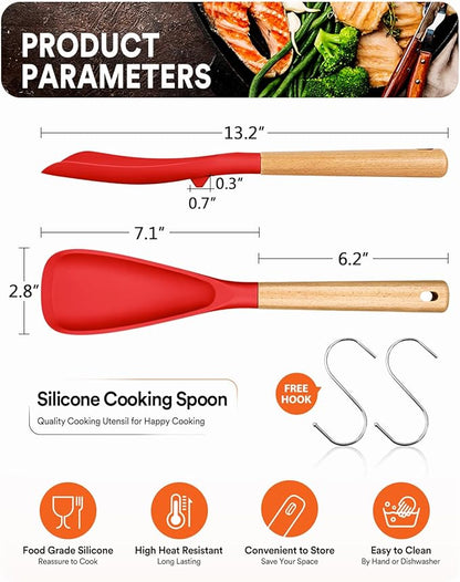 Cooking Spoon for Nonstick Cookwares, Great for Cooking and Serving Sturdy BPA-Free Matte Silicone, Wood Handle Spoon for Mixing, Scoop, and Scrape (2 Pack of Red, 13.4 inch) - Image 2