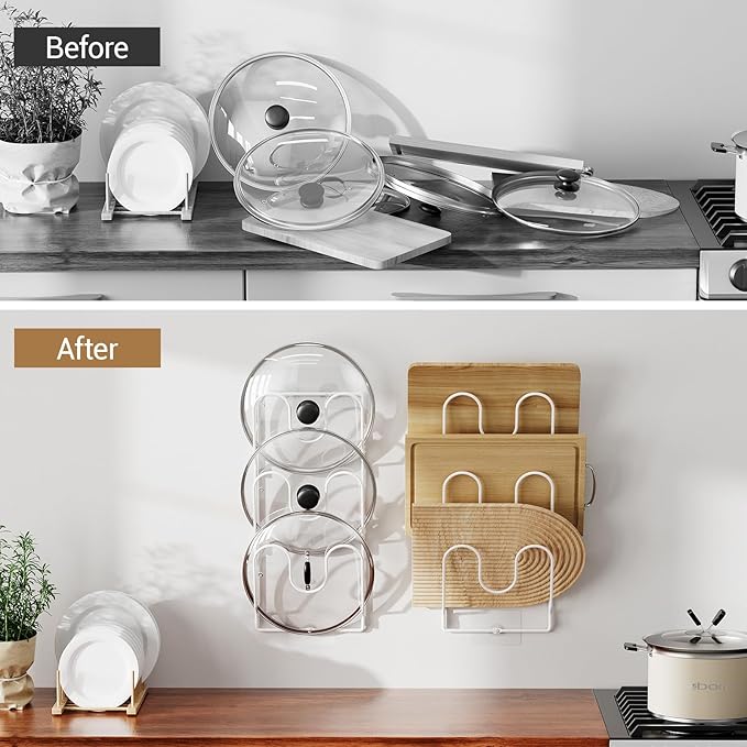 ORDORA 2 Pack Pot Lid Organizer Rack for Cabinet Door, 6-Tier Pot Lid Holders inside Cabinet, No Drilling Adhesive Wall Door Mounted Rustproof Pots and Pans Cover Organizers for Kitchen Storage, White - Image 2