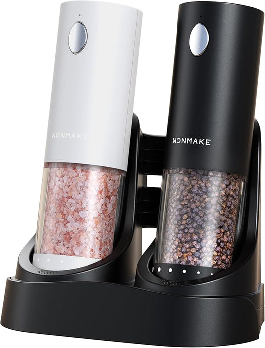 Electric Salt and Pepper Grinder Set - Automatic Refillable Salt and Pepper Grinders with Charging Base & LED Light, 6-Level Adjustable Coarseness with External Dial, Ideal Kitchen Gadget，Black& White by WONMAKE