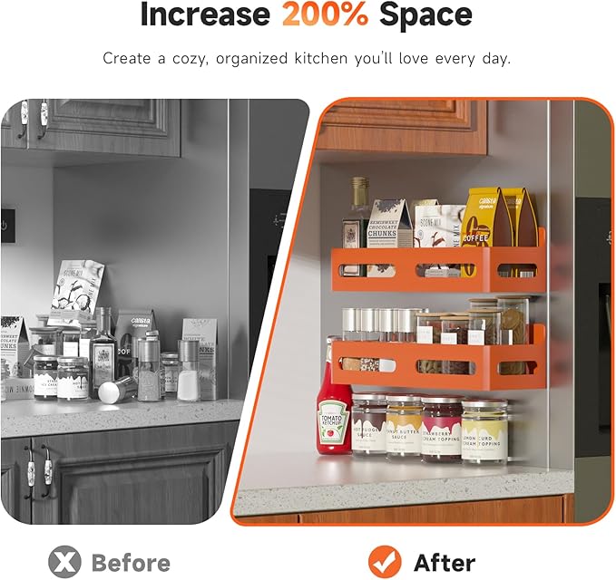 Sevenblue 4 Pack Strong Magnetic Spice Rack for Refrigerator, Multipurpose Magnetic Shelf for Fridge with 4 Hooks for kitchen and Bathroom Organization, Orange - Image 3
