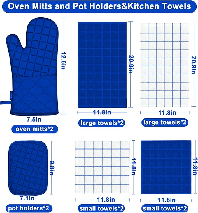 Oven Mitts Pot Holders Sets/Kitchen Towels and Dishcloths, Oven Gloves Kitchen Dish Towels 500 Degree Heat Resistant Potholders with Non-Slip Silicone Surface for Cooking, Grilling, Baking-Royal Blue - Image 2