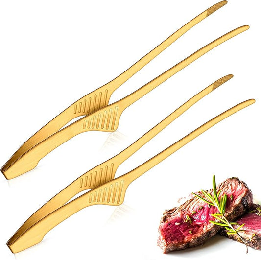 Patelai 2 Pieces Korean and Japanese BBQ Tongs Non Slip Cooking Utensils Stainless Steel Tongs for Serving Food, Salad, Camping, Barbecue, Buffet, Oven with Support Stand (Gold)
