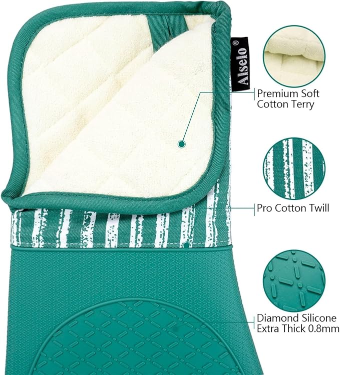 Alselo Silicone Oven Mitts Heat Resistant 932℉ with Waterproof & Non-Slip Kitchen Mittens, Set of 2 Extra Long Oven Gloves with Soft Cotton Terry Lining for Baking Cooking Barbecue (Emerald Green, 2) - Image 3