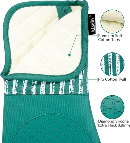 Alselo Silicone Oven Mitts Heat Resistant 932℉ with Waterproof & Non-Slip Kitchen Mittens, Set of 2 Extra Long Oven Gloves with Soft Cotton Terry Lining for Baking Cooking Barbecue (Emerald Green, 2) - Image 3