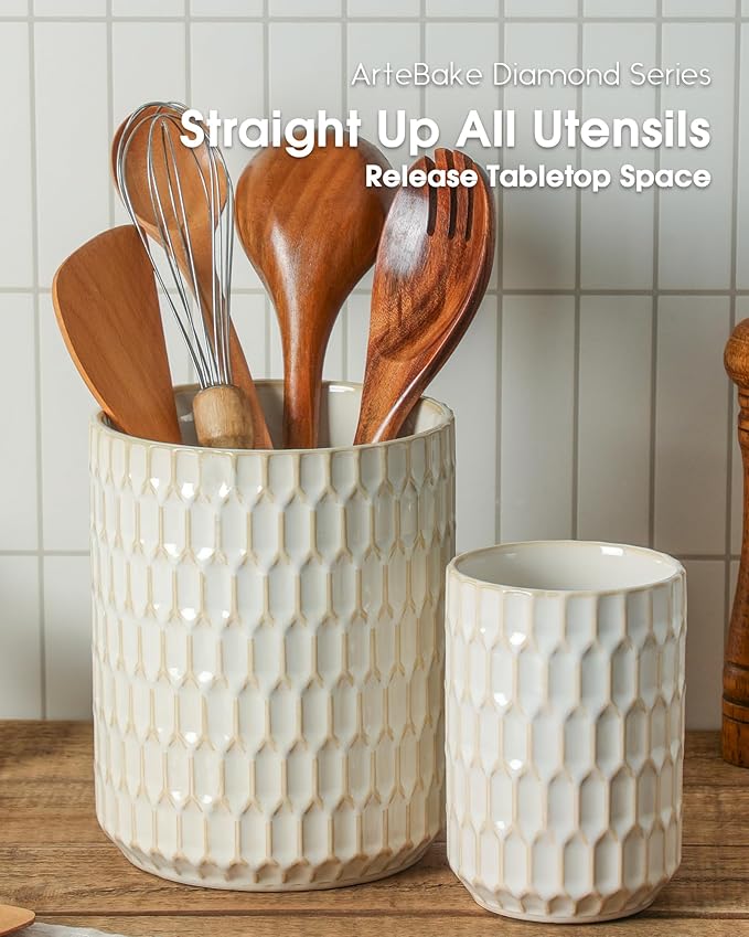 Utensil Holder, 7.5"+5.3" Ceramic Kitchen Utensil Holder for Countertop, Large Cooking Utensil Crock for Kitchen Counter, Set of 2, Beige - Image 3