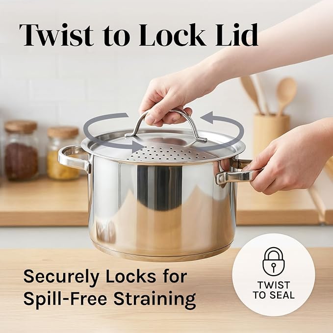 Stainless Steel Pasta Pot with Strainer Lid — 5.5 Qt Large Capacity Spaghetti Pot with Twist Lock Lid — Deep Cooking and Stock Pots for Boiling, Dishwasher Safe By Cooler Concepts - Image 3