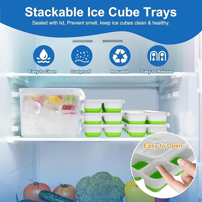 Ice Cube Trays for Freezer with Lids, 4 Pack 56-Cube Stackable Ice Trays, Easy-Release Silicone Bottom & PP Frame, BPA-Free, Dishwasher Safe, Covered Ice Molds for Iced Coffee, Cocktails & Baby Food - Image 3