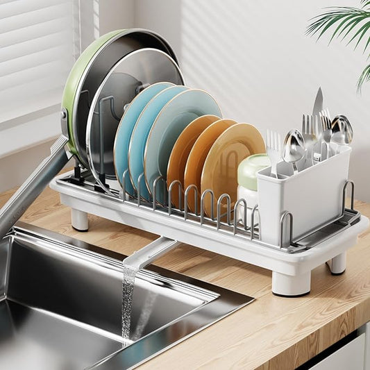 Laveshop Small Dish Drying Rack, Compact Dish Drainer for Kitchen Counter, with Adjustable Back Slots, Space-Saving for Small Kitchens, White by Unknown