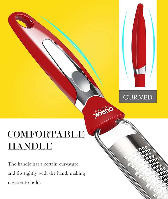 Ourokhome Kitchen Lemon Zester, Stainless Steel Hand Held Parmesan Cheese Grater for Ginger, Chocolate, Coconut, Lime, Nutmeg, Citrus, Fruit, Vegetable with Cleaning Brush, Dishwasher safe, Red - Image 2
