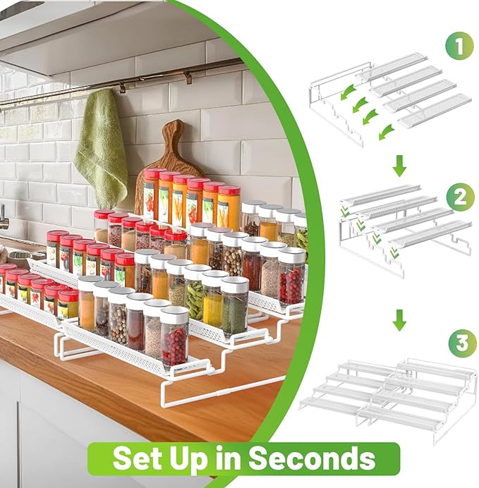 4 Tier Adjustable Spice Rack Organizer for Cabinet - White (2 PCS S&L) Expandable Spice Shelf with Protection Railing for Inside Cabinets, Countertop, Pantry Storage & Seasoning Organization - Image 2