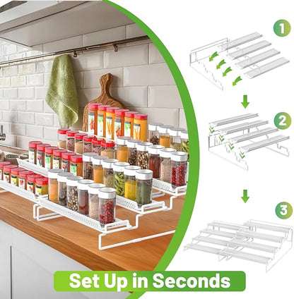 4 Tier Adjustable Spice Rack Organizer for Cabinet - White (2 PCS S&L) Expandable Spice Shelf with Protection Railing for Inside Cabinets, Countertop, Pantry Storage & Seasoning Organization - Image 2