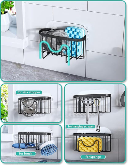 HapiRm Multifunctional Sponge Holder with Unique M-Shaped, Two Installation Methods Kitchen Sink Organizer, Rustproof Stainless Steel Sink Caddy -Black（2-Pack） - Image 2