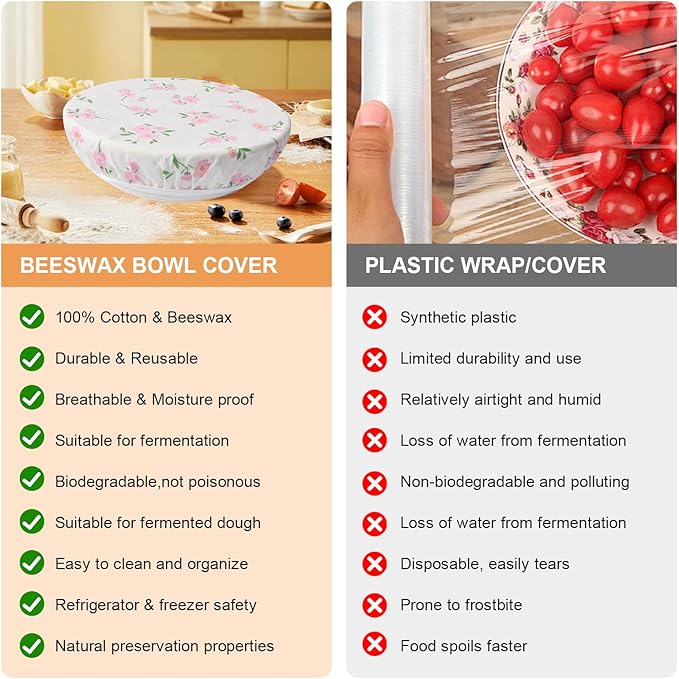 2Pcs Reusable Bowl Covers for Bread Proofing - Cotton Beeswax Bowl Covers Reusable with Elastic Rim, Eco-Friendly Sourdough Bowl Cover for Food Storage (10INCH) (small Flower)