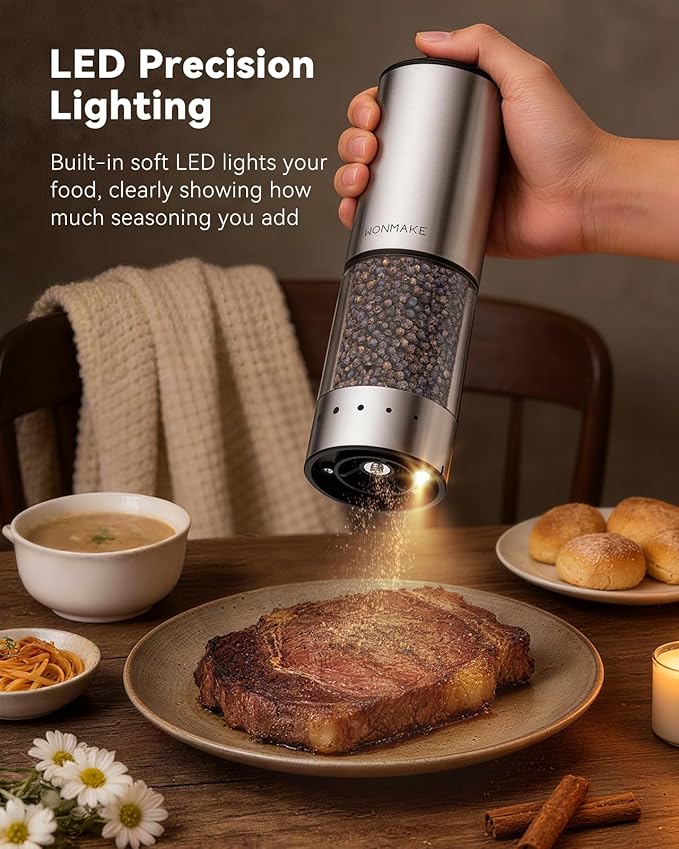 Electric Salt and Pepper Grinder Set, Type-C Rechargeable with LED Battery Level Display, Stainless Steel Salt and Pepper Shakers with Storage Base, Top Button Design, 5 Adjustable Coarseness Levels - Image 5