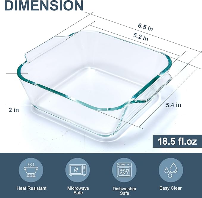 Small Casserole Dishes 2 Pack, 5 Inch Glass Square Baking Dish Individual Portion Baking Pan for Oven Microwave Air Fryer Square Egg, Clear Prep Bowls with Handle - Image 3