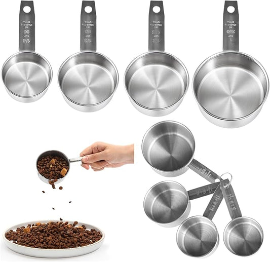 4 Pcs Dog Cat Food Scoop Stainless Steel Measuring Cup Set 1, 1/2, 1/3, 1/4 Cup Pet Measuring Cups for Dog Cat Dry Metal Food Storage Liquid Scoop for Kitchen Coffee Cooking Dishwasher