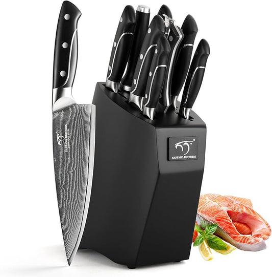 Damascus Kitchen Knife Sets, 9 Pieces Kitchen Knives Set with Block, ABS Ergonomic Handle for Chef Knife Set, Knife Sharpener and Kitchen Shears, Knife Block Set