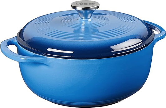 Lodge 4.5 Quart Enameled Cast Iron Dutch Oven with Lid – Dual Handles – Oven Safe up to 500° F or on Stovetop - Use to Marinate, Cook, Bake, Refrigerate and Serve – Caribbean Blue by Lodge
