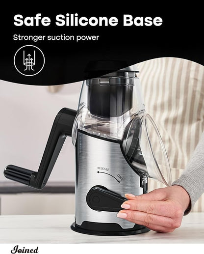 Joined Rotary Cheese Grater with Handle - Mandoline Slicer with 3 Stainless Steel Drum Blades-Vegetable Slicer Walnuts Grinder Cheese Shredder Round Mandoline with Peeler