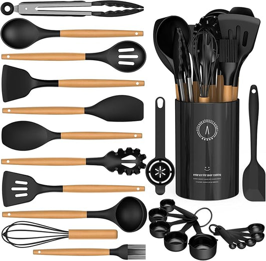 Silicone Cooking Utensils Set - AVGPD Silicone Kitchen Utensils for Cooking Wooden Handles, 446°F Heat Resistant Kitchen Utensil Spatula Sets, Gadgets for Non-Stick Cookware BPA FREE (Black) by AVGPD