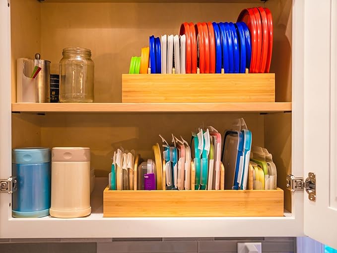 Umilife Extra Large Kitchen Cabinet & Drawer Organizer, Bamboo Lid Holder with 5 Tall Adjustable Dividers, Pantry Organization and Storage for Food Container Lid - Image 4