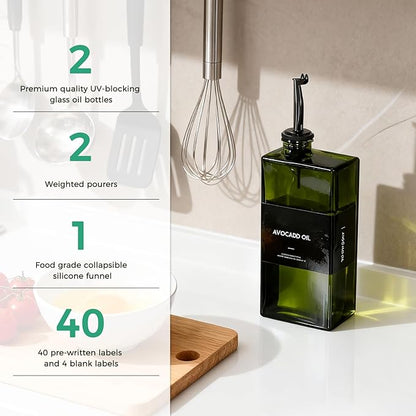 WISIMMALL Olive Oil Dispenser Bottle For Kitchen, 17OZ UV-Blocking Oil And Vinegar Dispenser Set Of 2, Soy Sauce Cooking Oil Dispenser with 2 Stainless Steel Pourers & 44 Labels - Image 4