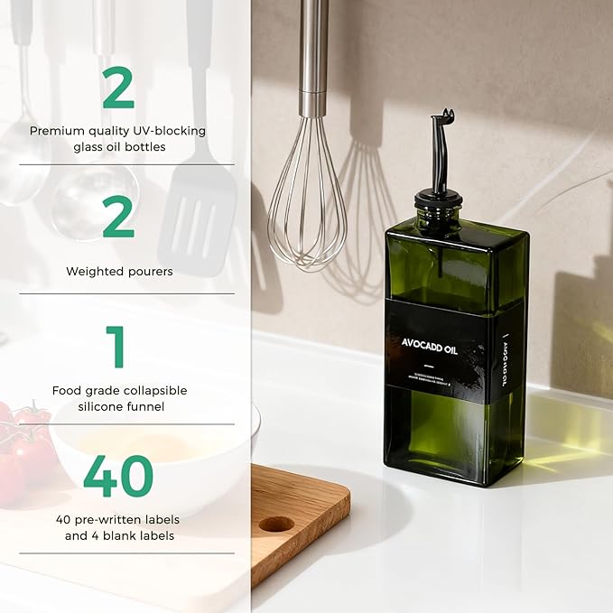 WISIMMALL Olive Oil Dispenser Bottle For Kitchen, 17OZ UV-Blocking Oil And Vinegar Dispenser Set Of 4, Soy Sauce Cooking Oil Dispenser with 4 Stainless Steel Pourers & 44 Labels - Image 4