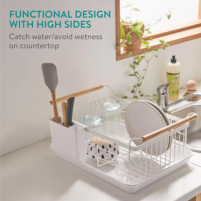 Navaris Dish Drainer Rack - Plate, Silverware, Pots and Pans - Dish Rack with Beechwood Handles - Metal Dish Drying Rack for Kitchen Counter - Modern Retro Design Dish Rack - White - Image 7