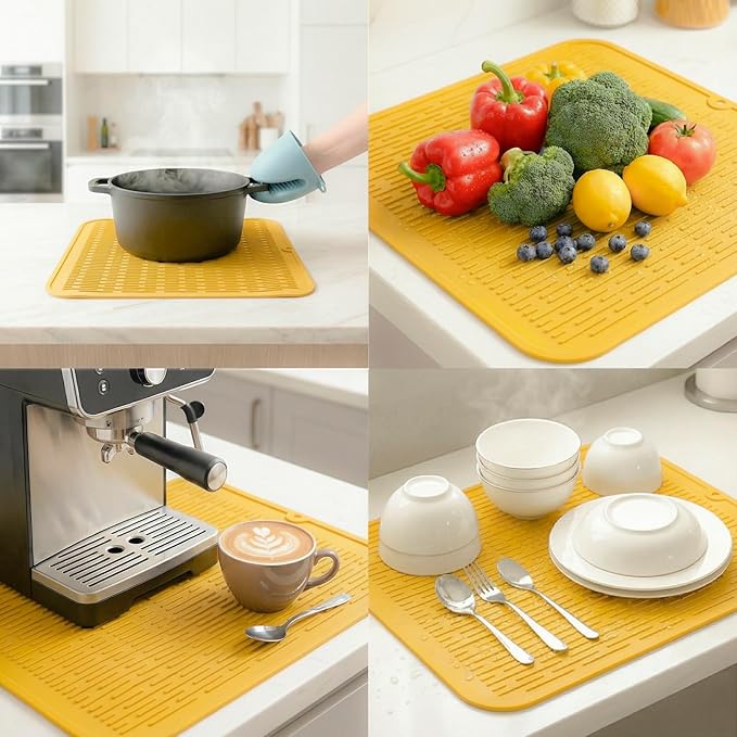 MicoYang Silicone Dish Drying Mat for Multiple Usage,Easy clean,Eco-friendly,Heat-resistant Silicone Mat for Kitchen Counter or Sink,Refrigerator or Drawer Liner Yellow XL 18 inches x 16 inches - Image 4