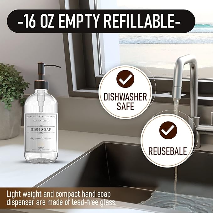 Sunrise Premium 2 Pack Clear Glass Soap Dispenser 16 OZ with Oil Rubbed Bronze Stainless Steel Pump, Hand and Dish Soap Dispenser Set for Bathroom and Kitchen Sink with 6 Waterproof Labels - Image 2