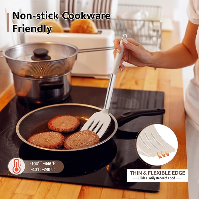E-far Cooking Utensils Set of 4, Silicone Kitchen Utensils for Non-stick Cookware, Heat Resistant & Non-toxic Slotted Spatula Solid Spoon Turner for Flipping Mixing Serving Basting(Khaki) - Image 5