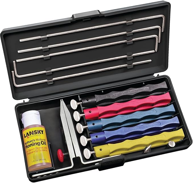 Lansky Deluxe Knife Sharpening System: 5-Stone Ceramic Knife Sharpener Kit with Honing Oil - LKCLX by Lansky