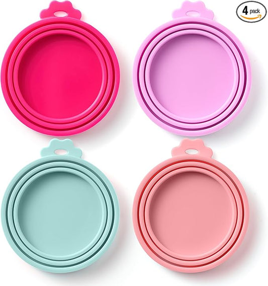 4 Pack Universal Pet Food Can Covers Lids - One fit 3 Standard Size Cans for Cats and Dogs Food Cans - Easy to Clean - Safe Silicone - Coral Veil