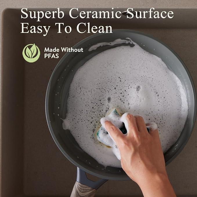 22Pcs Pots and Pans Set Non Stick Non-Toxic Ceramic Cookware Sets Nonstick Kitchen Pot and Pan Set With Lid Gray Granite Induction Compatible with Glass Lids 10" Griddles Frying Pan PFOA/PFOS-Free - Image 7