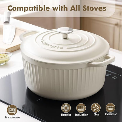 SENSARTE Enameled Cast Iron Dutch Oven Pot with Lid 3.5/5.5/6.5 Quart Heavy-Duty Round Dual Handles Kitchen Pot with Cotton Potholders & Silicone Trivet, Pot for Bread Baking, Stews, Braising, Roasting, Oven Safe, 5.5 Quart, White