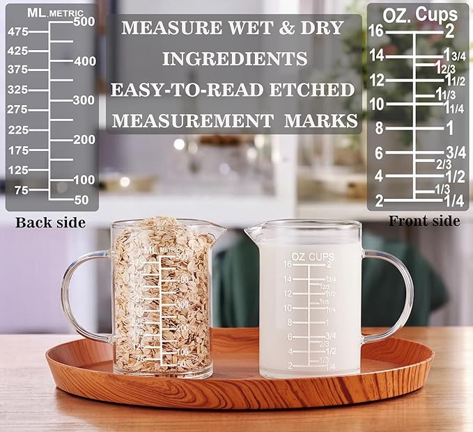 Ackers Etched Graduated Glass Measuring Cup - [Insulated Handle | V-Shaped Spout] - High Borosilicate Glass Measuring Cup for Kitchen or Dining, Easy to Read, 500 ML (16 Oz, 2 Cup) - Image 3