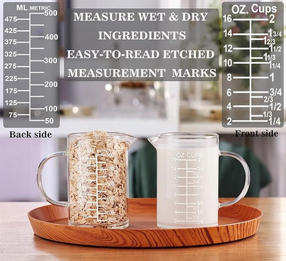 Ackers Etched Graduated Glass Measuring Cup - [Insulated Handle | V-Shaped Spout] - High Borosilicate Glass Measuring Cup for Kitchen or Dining, Easy to Read, 500 ML (16 Oz, 2 Cup) - Image 3