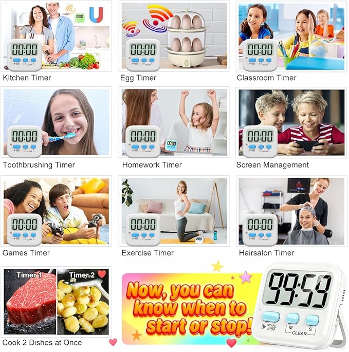 Antonki 2 Pack Digital Timer for Kids, Magnetic Countdown Kitchen Timers for Cooking, Egg, Classroom, Teacher, Exercise, Study, Oven - Battery Included - Image 7