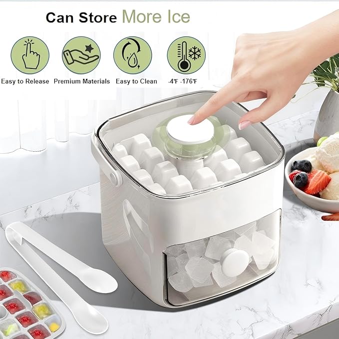 Ice Cube Tray with Lid & Bin Ice Maker for Freezer Ice Trays Ice Container- Ice Molds for Whiskey, Cocktail, Coffee Drinks, Beer with Ice Tongs Kitchen Gadgets Tools (White) - Image 3