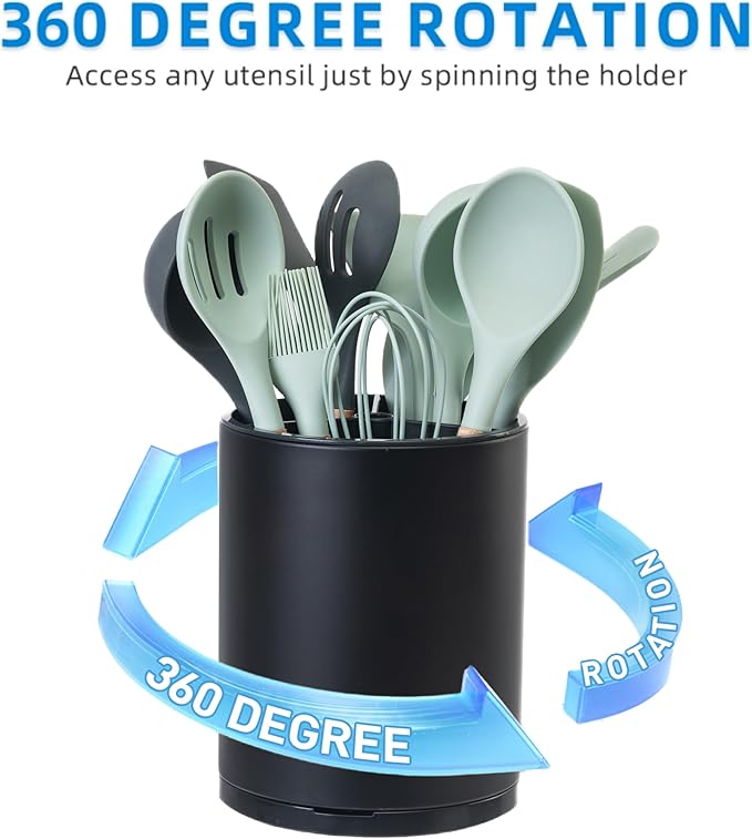 LIBODOUR Kitchen Utensil Holder Extra Large Rotating For Counter Organizer Stainless Steel Storage Cooking Silverware Caddy 3 Compartment Flatware Spoon Spatula Tool Cutlery Container（2 Set Black） - Image 6