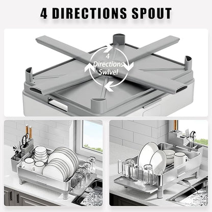 Ewaiira Dish Drying Rack, 304 Stainless Steel Dish Racks for Kitchen Counter, Dish Drainers with Automatic Drainage, Utensil Holder & Cups Holder, Space Saving Kitchen Organizer, Gray - Image 4